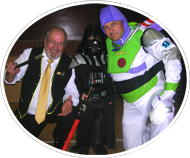 Russell King children's magician, with Darth Vader and Buzz Lightyear 